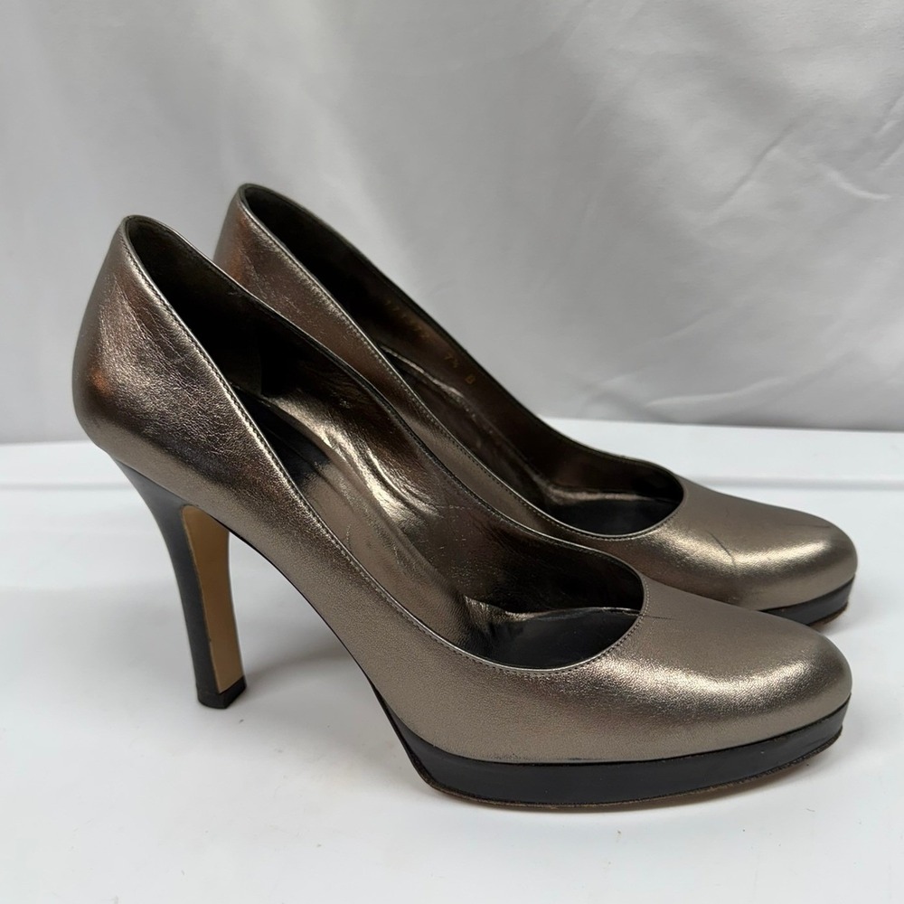 Gucci Women's Metallic Pewter Leather Platform Lisbeth Platform Pumps Sz 7 1/2B